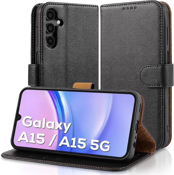 Samsung A15 Mobile Case - Leather Case with [RFID Blocking], Shockproof [Stand] for Samsung Galaxy A15 Elegant Black