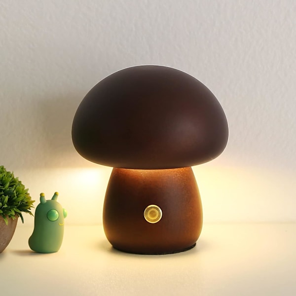 Svampe lampe til soveværelse, bærbar dæmpbar sengelampe med USB-opladning, trådløs natlampe i træ (medium, valnød)