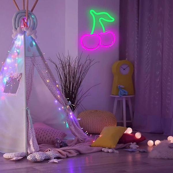 Körsbärs Neonljusskylt, LED Neonljus Vägglampa Väggdekor, Batteri- eller USB-driven Ljusskylt för Sovrum, Barnrum, Vardagsrum, Bar, Fest, Jul Red