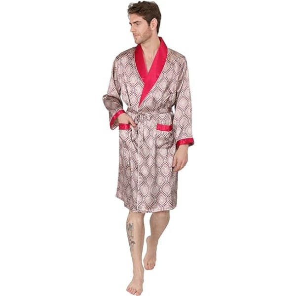 Lyxig kimono för sommar, mjuk satinrock med shorts Nattlinne Långärmad pyjamas med printed badrockar (röd, 2XL) Red 2XL