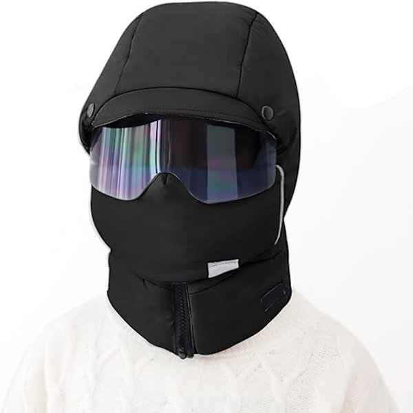 4 in 1 vedenpitävä hiihtolakki irrotettavalla maskilla, korvalämmittimellä ja sumunestolaseilla miehille ja naisille, talvinen lämmin tuulenpitävä pyöräilyhattu Trooper-hattu (musta)