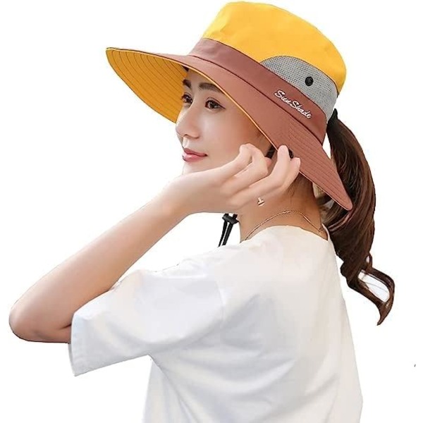 Dame Hestehale Safari Solhatt Mesh Bred Brede Brede UV Beskyttelse Utendørs Bøttehatt Sammenleggbar Strand Sommer Fiskehatt