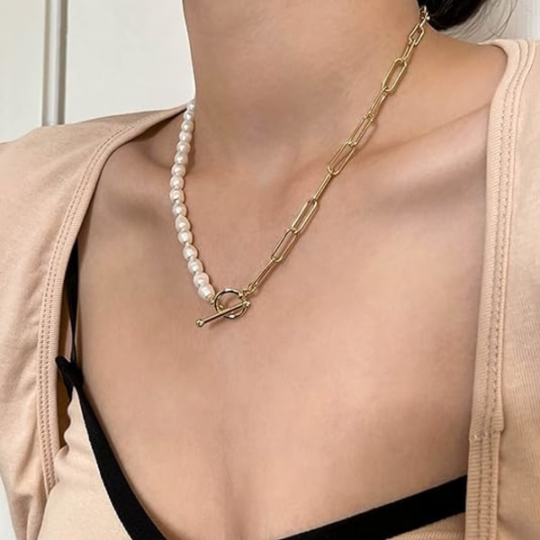 Paper Clip Pearl Kaulakoru Vintage Paksu Linkki Ketju Barokki Viljellyt Helmet 18K Kulta Choker Muoti Retro Charmi Ystävänpäivä Korut Naisille Tytöille