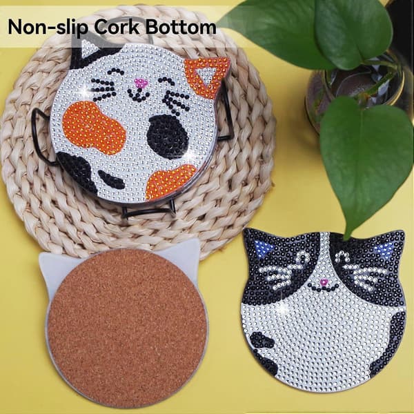 Diamantmaleri Coasters Sæt, 6 Stk Kat Diamantkunst Coasters med Holder, Håndværkssæt til DIY Coasters, Diamantkunst Sæt til Voksne