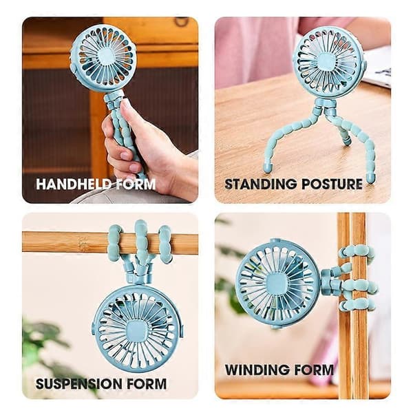Bærbar Barnevognsventilator USB Genopladelig Mini Sammenklappelig 3 Hastigheder Justerbar Køleventilator Blue