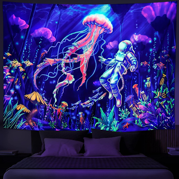 Svartljus astronaut gobeläng UV-reaktiv växter maneter neon galax rymd väggbonad för rum W59×H51