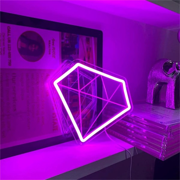 Diamantformet Neon Skilt Led Modellering Lys Lysende Bogstaver Skiltplade Akryl Panel Neon Dekorativt Lys, 26X24cm, Lilla (Farve: Lilla)