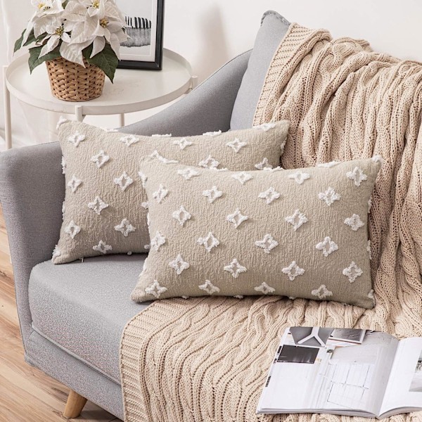 Set med 2 dekorativa kuddfodral i rombiskt jacquardmönster, mjukt rektangulärt kuddfodral 12x20 tum, beige