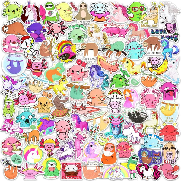 130PCS Axolotl Stickers for Water Bottles Cute Animal Unicorn Stickers for Kids Girls&Boys Waterproof Sloth Vinyl Stickers Pack