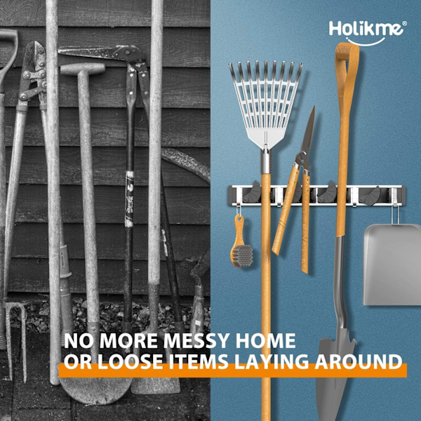 Mop og kost holder vægmontering metal pantry organisering og opbevaring have køkken værktøj (4 positioner med 4 kroge, sort)