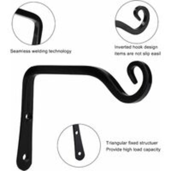 Väggmonterade krokar, metall smidesjärn hängande korgfästen tillbehör för fågelmatare, växter, lyktor, vindspel, svart (2-pack)