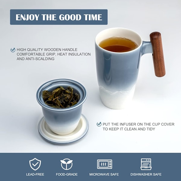 Tomotime teekuppi infuusorilla ja kannella 400 ml keraamiset teemukit sileä sisäseinä puukahva 13,5 unssia, sininen
