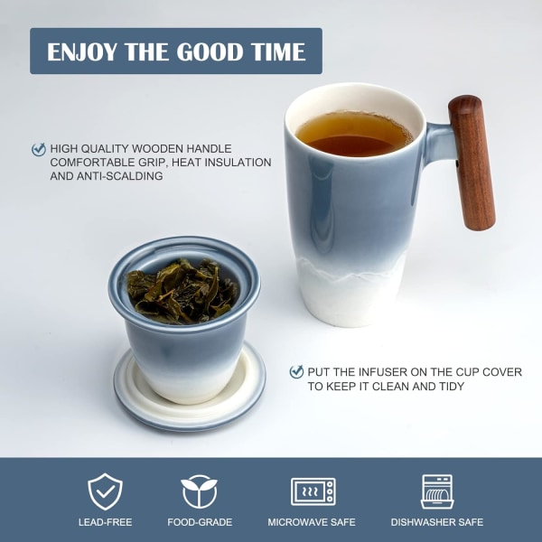Tomotime Tekopp med Infuser och Lock 400ml Keramisk Tekopp Slät Invändig Vägg Trähandtag 13.5 oz, Blå