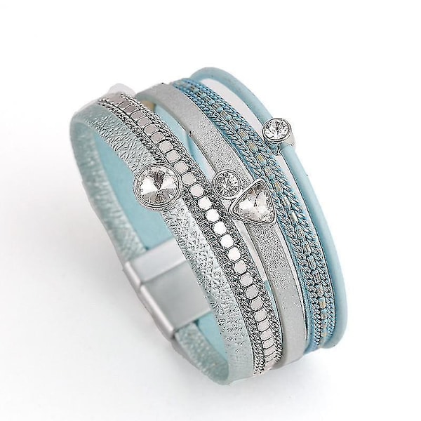 Trendig Rhinestone-Kristall Charm Femme, Breda Läderarmband Ljusblå