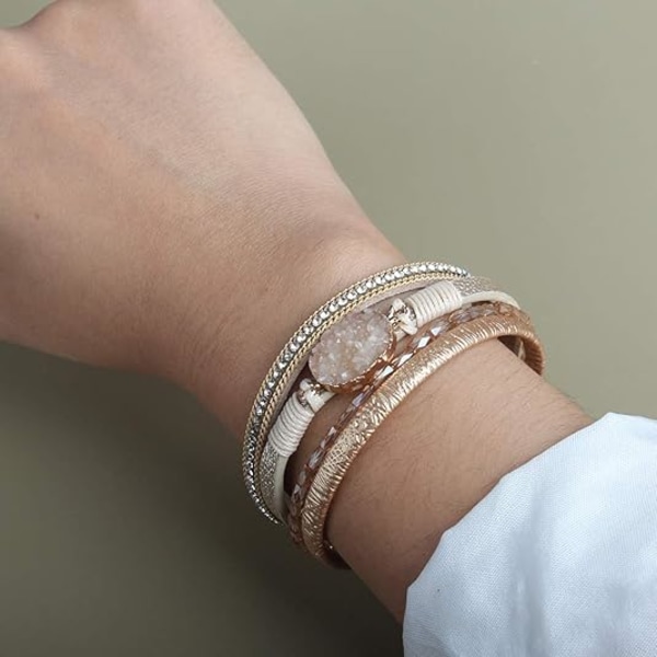 Läderomslag Armband Boho Manschettarmband Kristallpärlarmband med Magnetlås Smyckesgåvor för Kvinnor Tonårsflickor