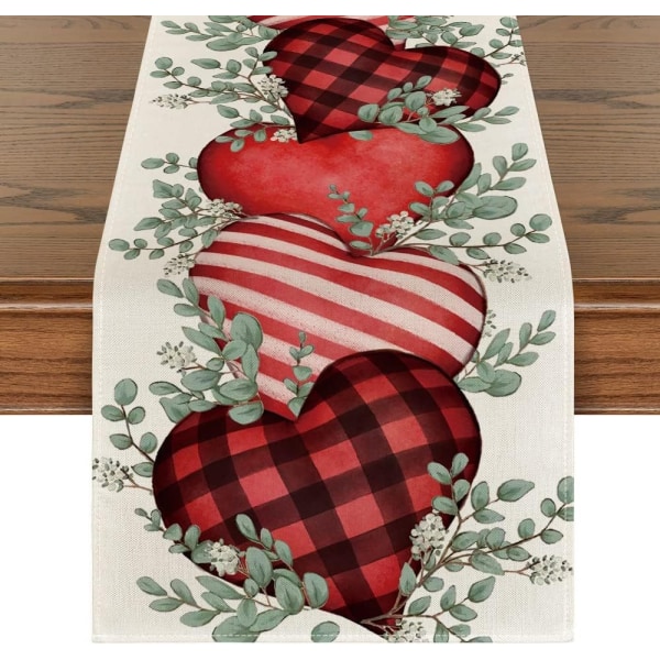 Mode Buffalo Plaid Love Hearts Valentine's Day -pöytäjuoksija, sesongin mukainen keittiön ja ruokapöydän sisustus sisätilojen kotijuhliin, 13x72 tuumaa