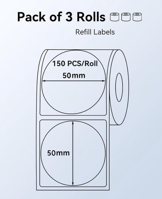 Round Thermal Labels 50 x 50 mm - Suitable for B1 B21 B3S Label Printers - 3 Rolls with 150 Transparent Labels per Roll - Thermal Label