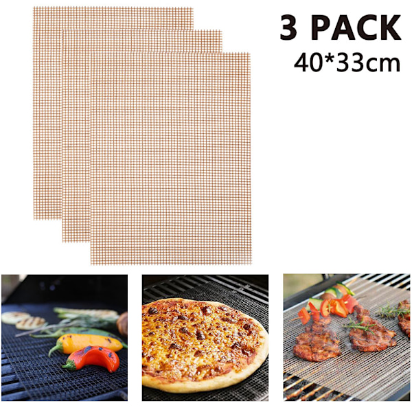 3 stk BBQ Grill Mesh Matte Non Stick Grillark Liners Grillmatter Nonstick Fisk Grønnsak Røyking Tilbehør Gass-Brun
