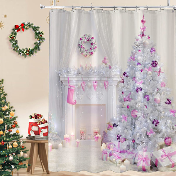 Jul Duschdraperier, Julgran med Rosa Bollar Presenter Kamin Duschdraperi Set med 12 Krokar, Tyg Rosa Jul, 72 × 72