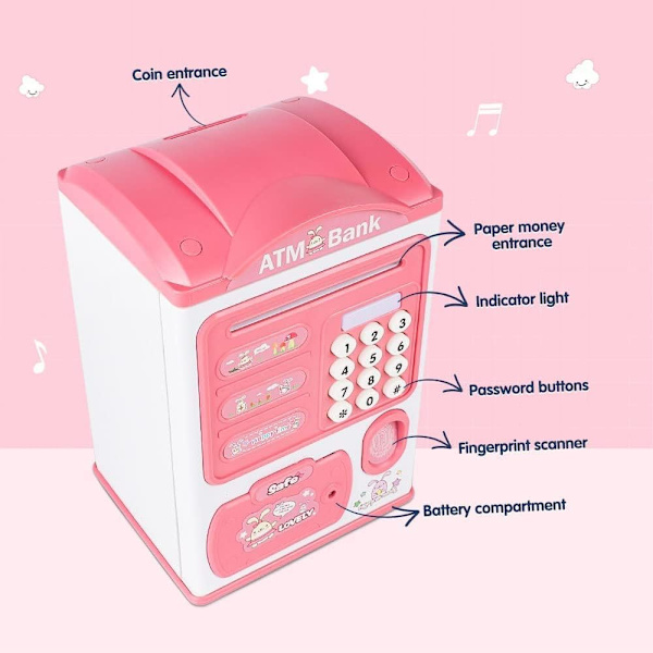 Bank forKids Pengar Bank Maskin med Fingeravtryck& Lösenordskod Min ATM Bank Mynt Kan Elektronisk Sparbössa Leksak Födelsedag Julgåvor(Rosa)