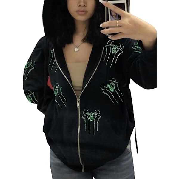 Kvinners Full Zip Up Hoodie Halloween Langærmet Grafisk Jakke Goth Genser Jente Streetwear（Størrelse：M）