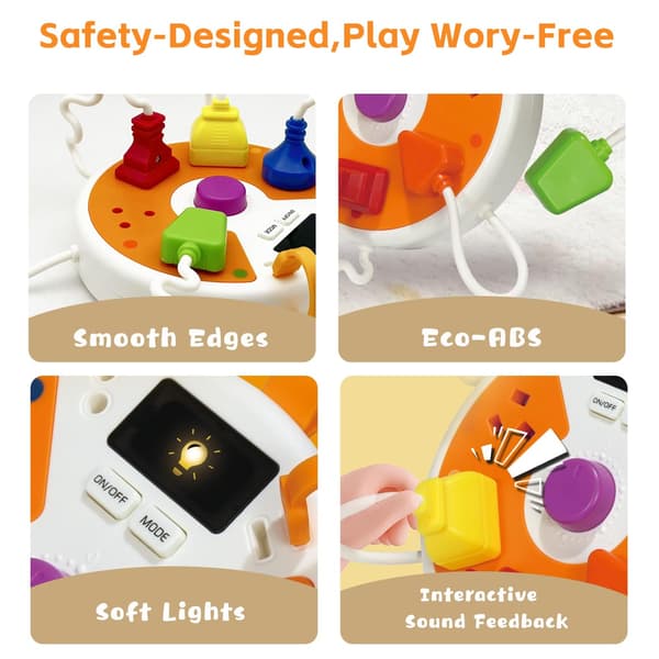 Montessori Plug Busy Board for småbarn 3, Babysensorisk leke med 6 formplugger, lys og lyd, reiseleke for bilfly, pedagogisk