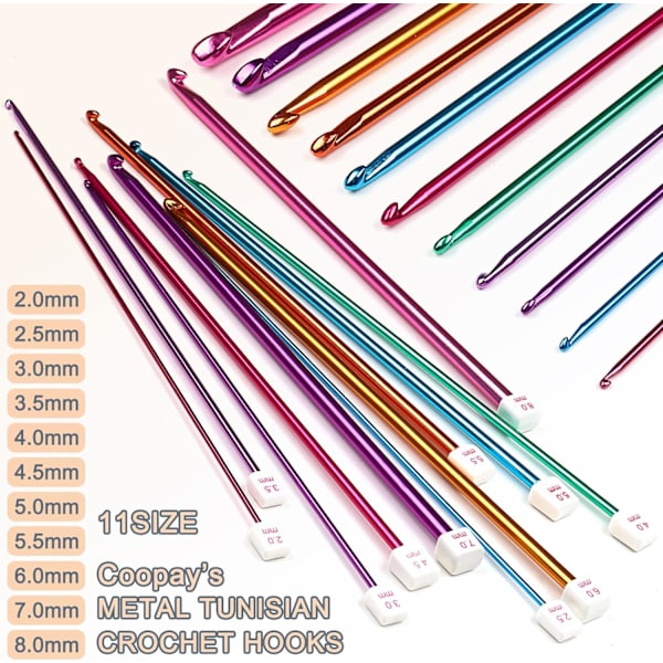 Long Crochet Hook Set, 11 Tunisian Crochet Hooks, Multicolor