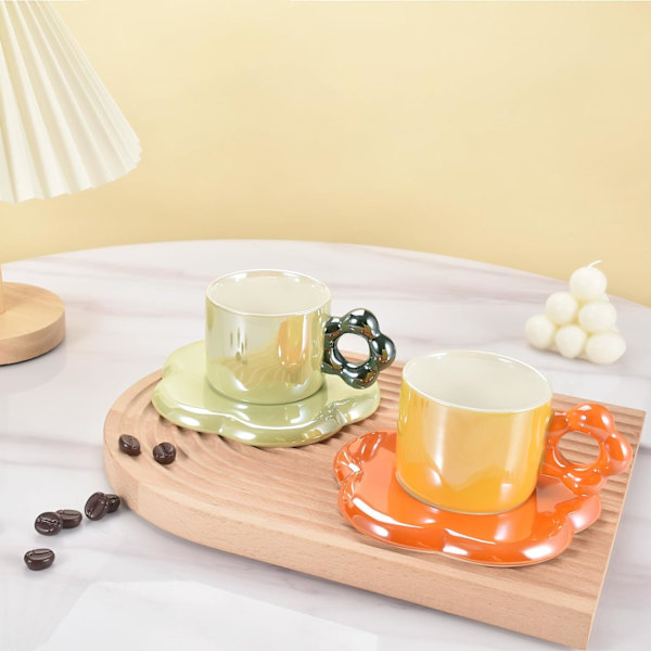 Keramisk kaffekop og underkop sæt, cappuccino espresso demitasse sød blomst form krus underkop, 10oz perfekt til mælkete latte havregryn (perle orange)