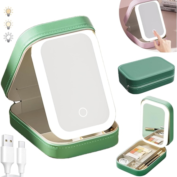 Lys Spejl Makeupboks, Kosmetik Opbevaringspose med LED Spejl | Bærbar Makeuppose - 3 Farver Med Lys Makeuppose, Rejse Makeuppose Green
