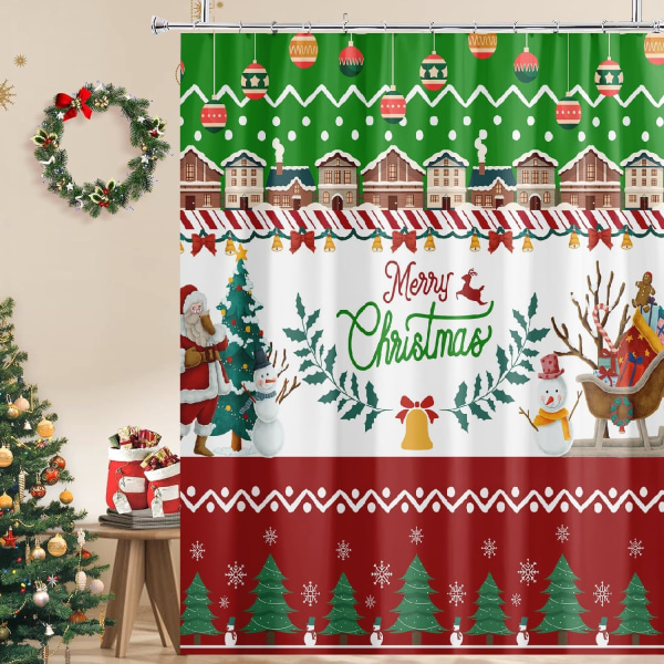 Red and Green Christmas Shower Curtain, Merry Christmas Santa Claus Snowman Xmas Tree Gifts Shower Curtain, 72 x 72 Inch