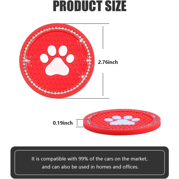 2 stk sklisikre koppunderlag for bil, dekorative koppunderlag med skinnende krystallrhinestone, universelle bilinteriørtilbehør for de fleste biler (rød)