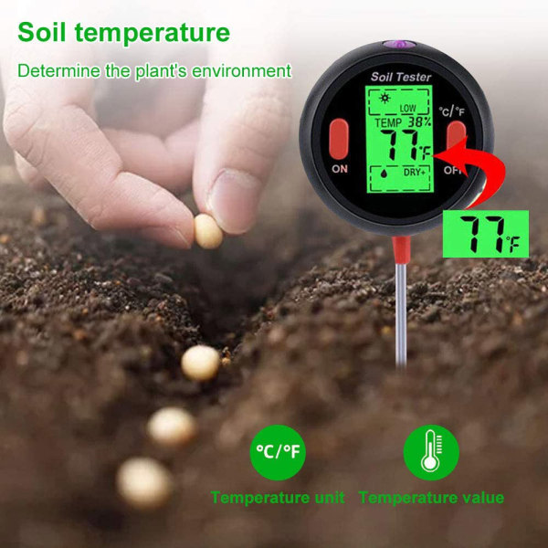 5 i 1 Jord Ph-mätare Jordfuktighetsmätare LCD-display PH-testare Temperatur Solljusintensitet Testverktyg