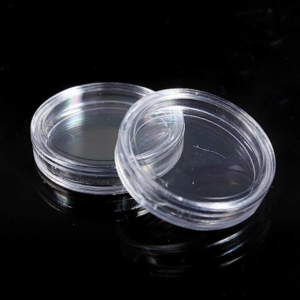 10 stk. Små runde transparente møntkapsler i plastikboks 25 mm