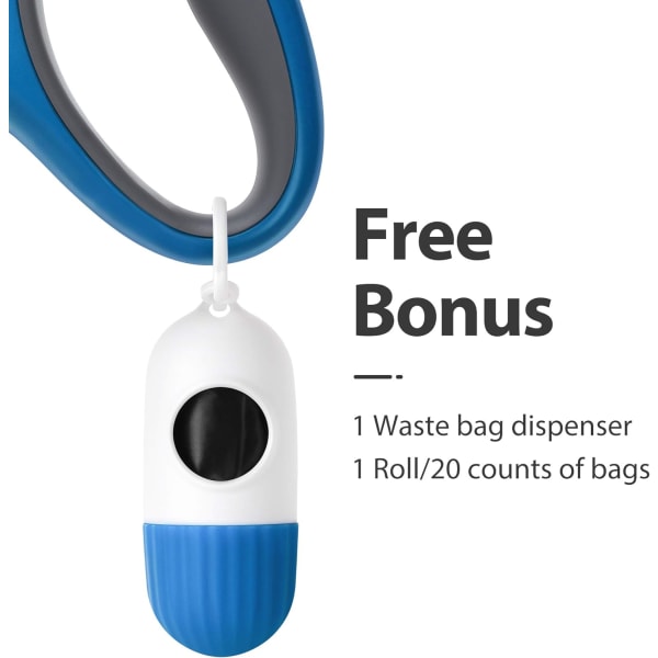 Indragbar hundkoppel med dispenser och bajspåsar, 16 fot husdjurspromenadkoppel, halkfritt handtag, trasselfri, reflekterande nylonband (L, blå)