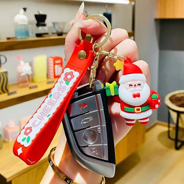 Män Kvinnor Söta Jul Tema Glad Snögubbe Jultomten Grönt Trä Hjort Nyckelring Present Hänge Metall Nyckelring Kedja