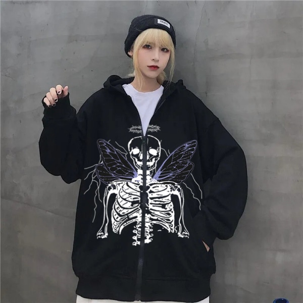 Dam huvtröja med dragkedja Halloween långärmad grafisk jacka Goth Sweatshirt Girl Streetwear (Färg：Vit.Size：L）