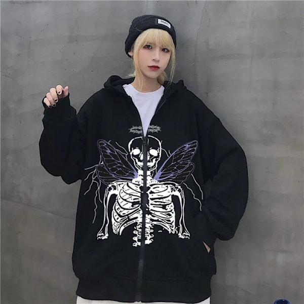 Dame Full Zip Up Hoodie Halloween Langærmet Grafisk Jakke Goth Sweatshirt Pige Gadetøj (Farve: Mørkegrå, Sort. Størrelse: XL)