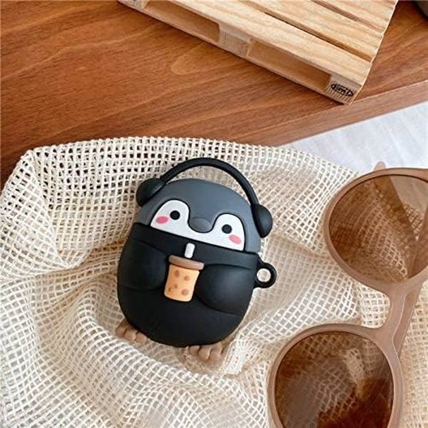 Sød Kawaii Holder Mælkete Kop Nyder Musik Headset Pingvin Earphone Etui til AirPods 1/2, Blød Gummi Silikone -Sort