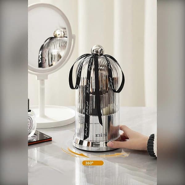 360° Rotating Makeup Brush Holder with Dustproof Lid, Waterproof PP+PET, Portable Non-Slip Base, Multiple Compartments