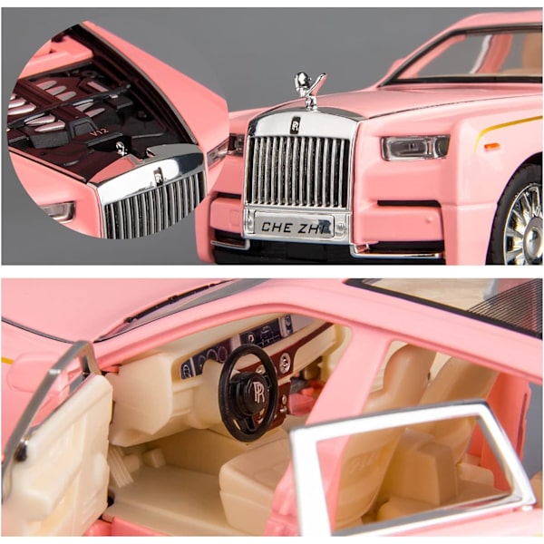 1/32 Rolls-Royce Phantom modellbil, zinklegering dra tillbaka leksaksbil med ljud och ljus för barn pojke flicka present (rosa)