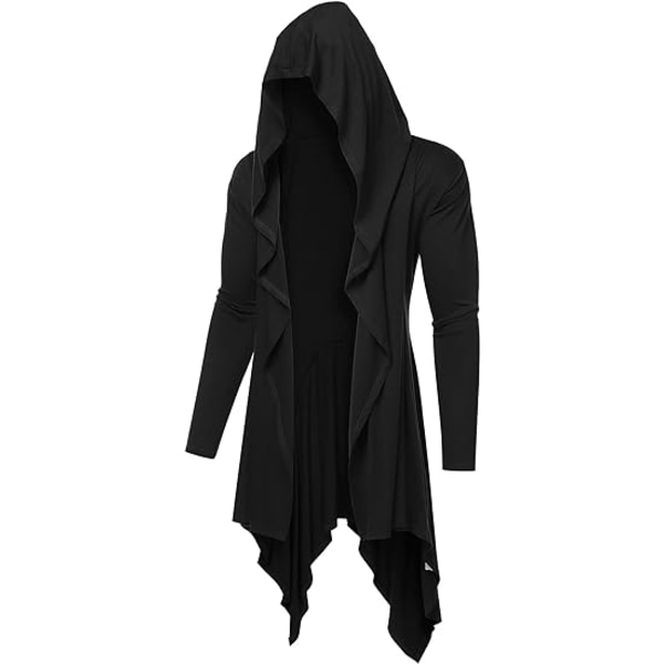 Medeltida vintage huvajacka lång huva cardigan veckad sjal (svart, XL) Black XL