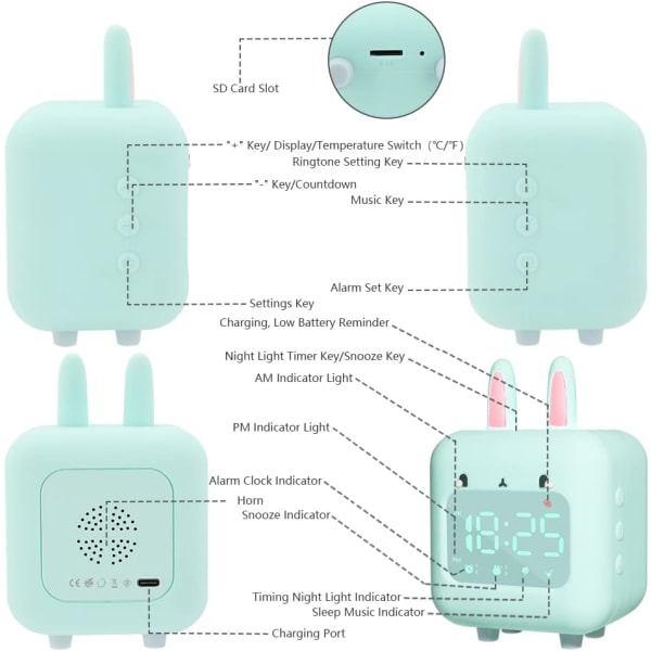 Digitalt vækkeur til børn, kanin med natlys, timer og snooze, USB-genopladeligt sengebordsuhr til piger og drenge soveværelse skolegave, grøn