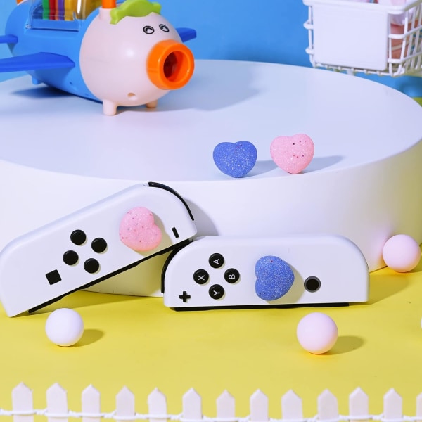 Tommelgrep-hetter for Nintendo Switch, søte joystick-deksler med 3D-mønster, myke, søte analoge silikon 4-pakkersett for Switch/OLED/Lite, blå og rosa hjerte