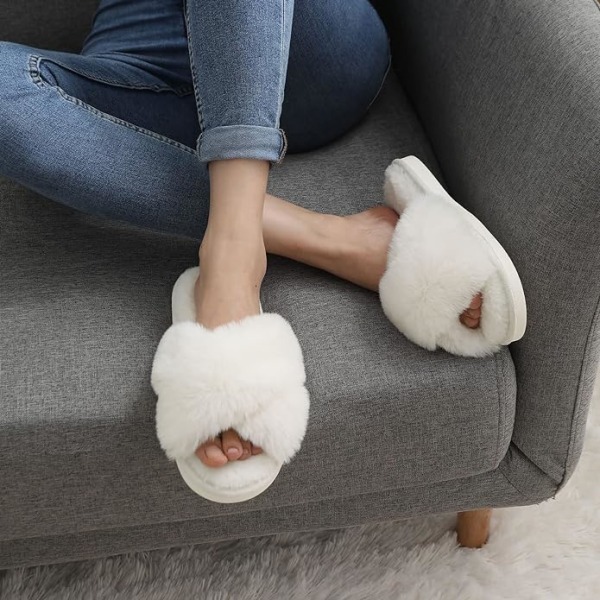Dames Fuzzy Hjemmesko Krydsbånd Memory Foam Hjemmesko Åben Tå (Størrelse: 7-8)