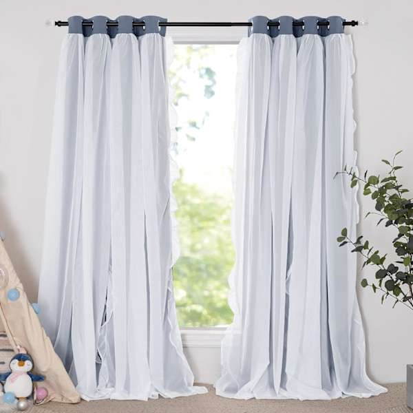 Dekorative franske landlige gardiner med elegant design og knytebånd, 132,08 cm B x 213,36 cm L, blå tåke, 2 deler