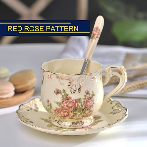 Rose Kopp og Skålsett, 8 oz Keramisk Elfenben Te Kopp Sett med Skje Vintage Blomster Tekopp Gaver til Kvinner
