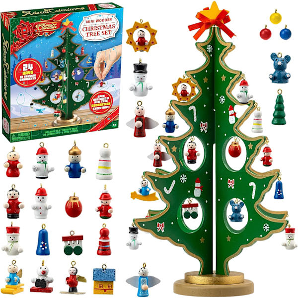 Jul 24 dagar nedräkning adventskalender med en bordsskiva i trä julgran och 28 prydnader snögubbe juldekorationer