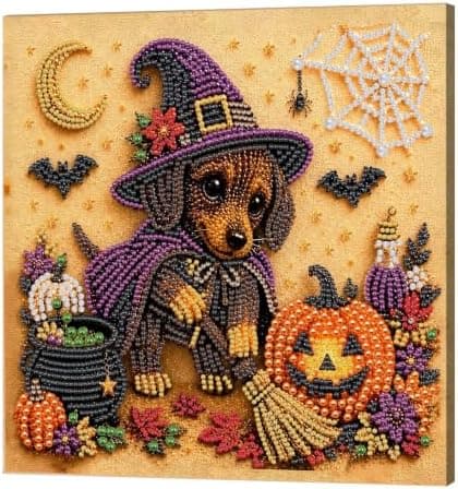 DIY Bead Painting Kit with Frame 12 inch Dachshund Witch and Kitten