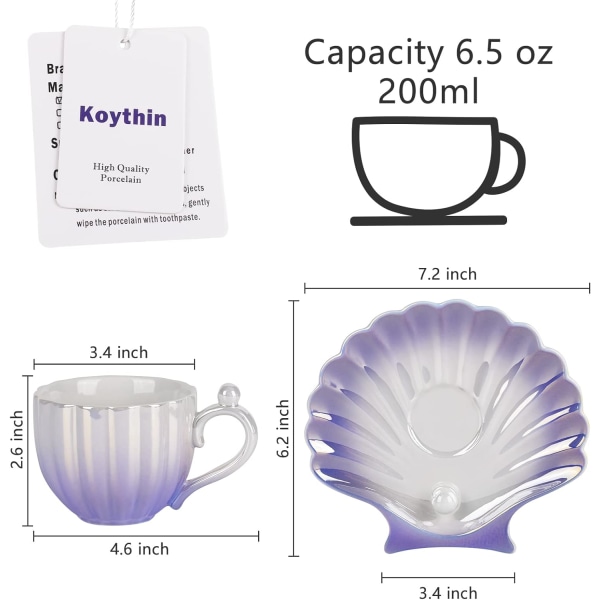 Keramisk kaffekopp med skål, kreativ perlemor kopp, søte kaffekopper for kontor og hjem, 6,5 oz/200 ml for te latte melk (Gradient lilla)