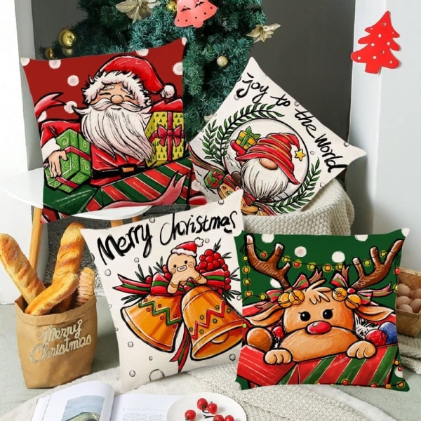 Jul kuddfodral 18 * 18 tum linne kuddfodral kudde örngott jultomten röd grön vinter semester hem soffa sovrum set om 4(JYM170)